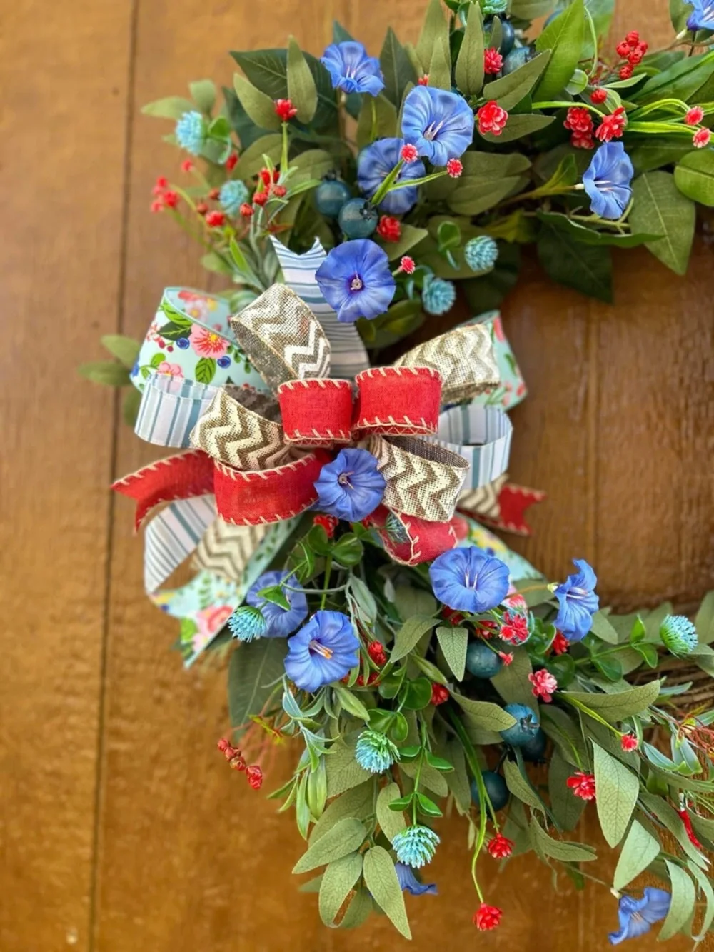 Handmade “Everyday” Blue Floral Wreath with Red Accents and Rustic Cross